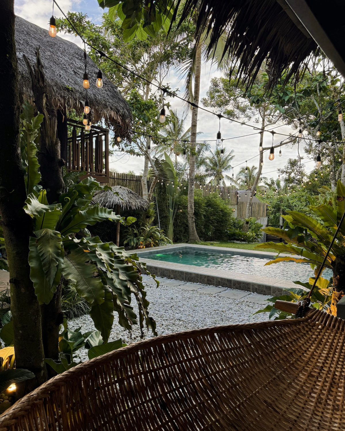 Veranda view overlooking the pool and tropical greenery